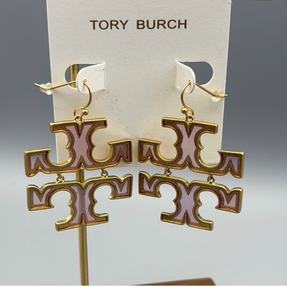 Tory Burch Double T Gold and Pink large statement earrings